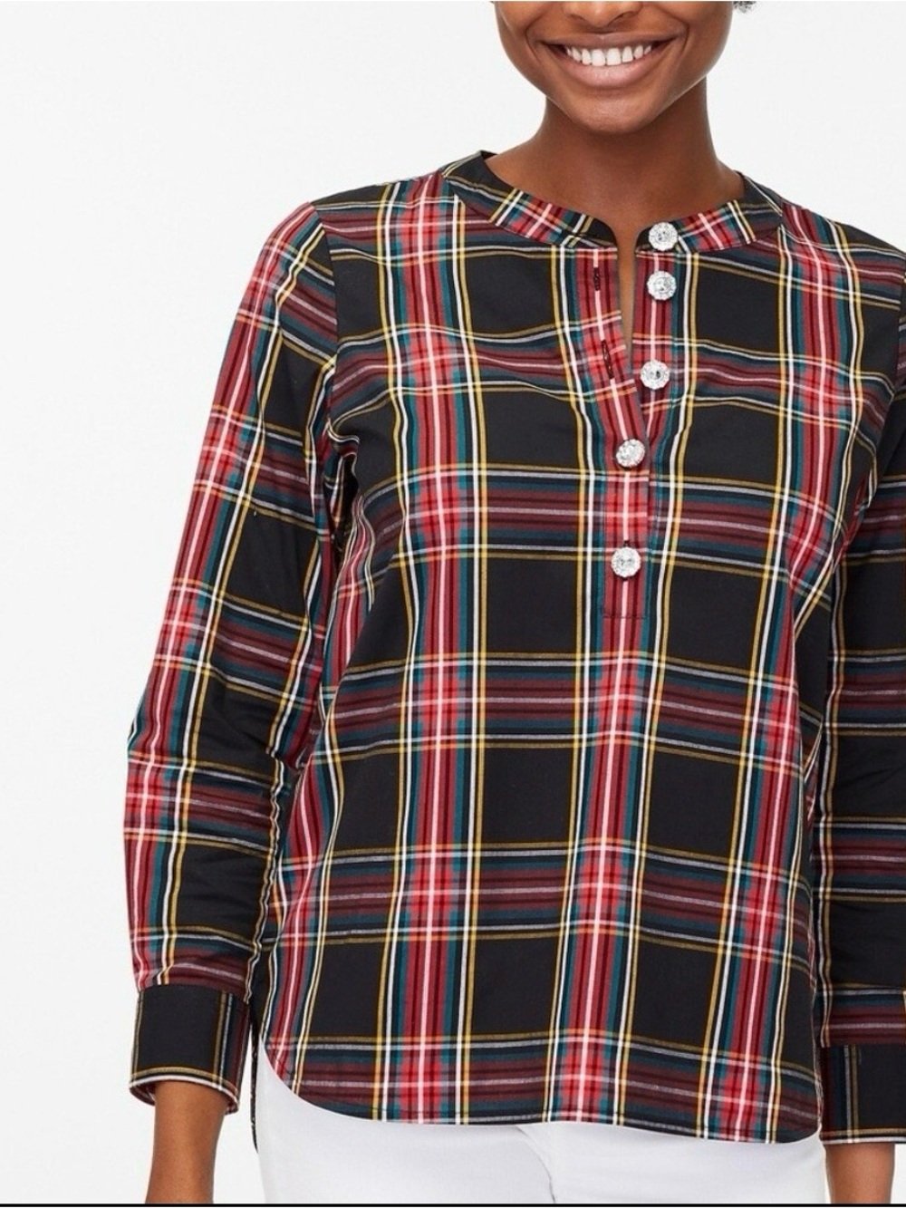 J. Crew Tartan Poplin Top with Jewel Buttons Black Stewart Poplin Pattern MP